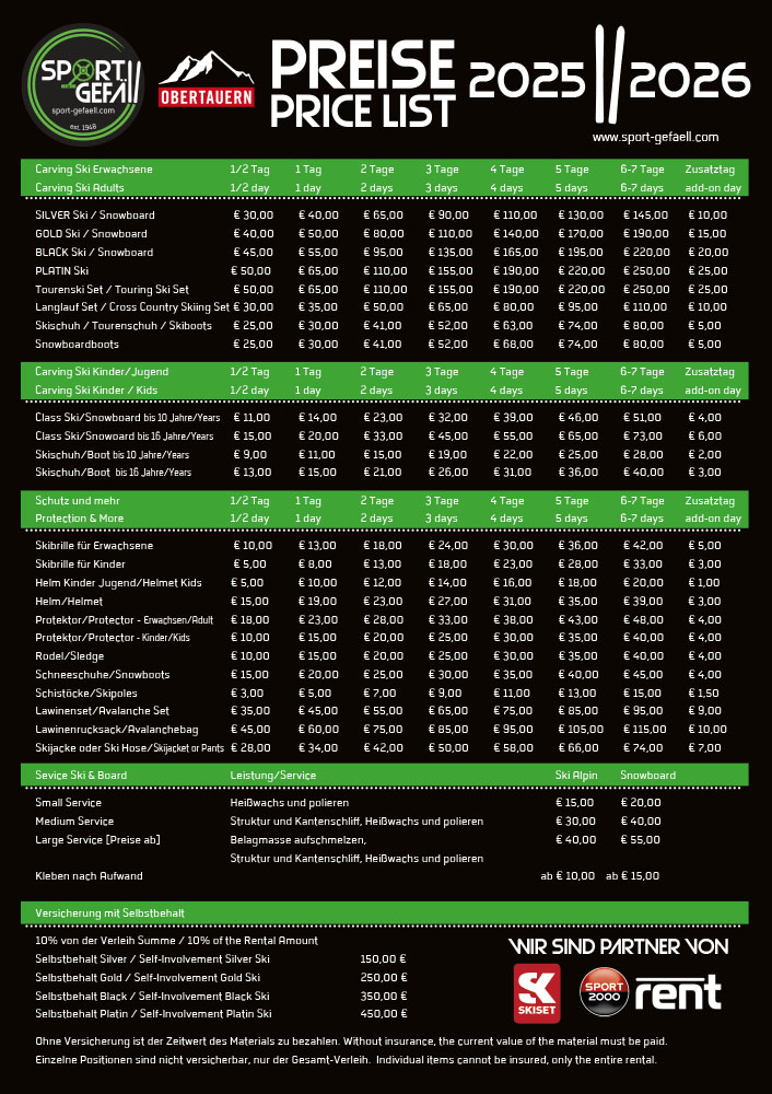 Sport Gefäll Preisliste 2025/2026